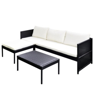 Set mobilier de grădină cu perne, 3 piese, negru, poliratan - Img 2