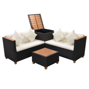 Set mobilier de grădină cu perne, 4 piese, negru, poliratan - Img 2