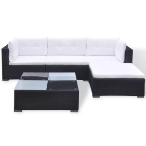 Set mobilier de grădină cu perne, 5 piese, negru, poliratan - Img 3