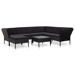 Set mobilier de grădină cu perne, 8 piese, negru, poliratan