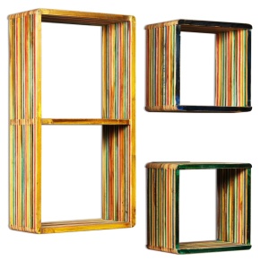Set rafturi de perete 3 buc. Tec masiv reciclat Multicolor - Img 3