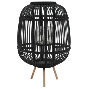 Suport lumânări tip felinar vertical, negru, bambus