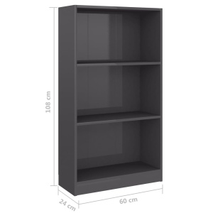 Bibliotecă cu 3 rafturi, gri extralucios, 60 x 24 x 108 cm, PAL - Img 5
