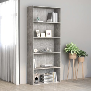 Bibliotecă cu 5 rafturi, gri beton, 80 x 30 x 189 cm, PAL