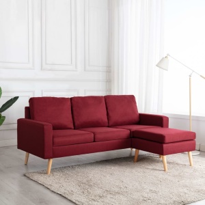 Canapea cu 3 locuri și taburet, roșu vin, material textil