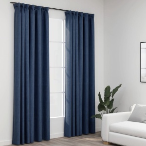 Draperii opace aspect in, cârlige, 2 buc., albastru, 140x245 cm