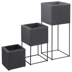 Jardiniere de grădină inalte, 3 buc., negru, poliratan