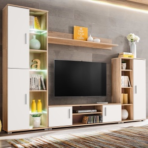 Mobilier sufragerie spațiu TV, lumini LED, Stejar Sonoma și Alb