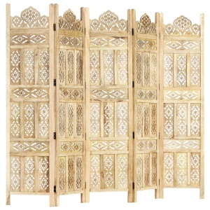 Paravan cameră sculptat manual 5 panouri 200x165 cm mango - Img 10