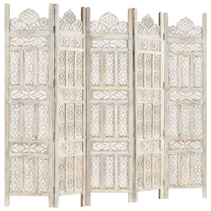 Paravan cameră sculptat manual 5 panouri alb 200x165 cm mango - Img 5