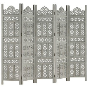 Paravan cameră sculptat manual 5 panouri gri 200x165 cm mango - Img 6