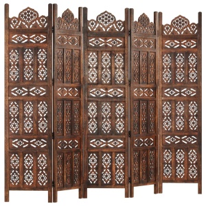 Paravan cameră sculptat manual 5 panouri maro 200x165 cm mango - Img 7