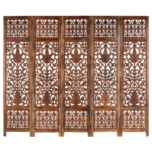 Paravan cameră sculptat manual 5 panouri maro 200x165 cm mango - Img 5