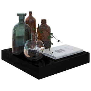 Raft de perete suspendat, negru extralucios, 23x23,5x3,8 cm MDF - Img 3
