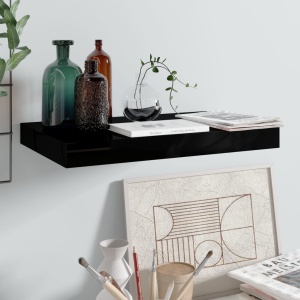Raft de perete suspendat, negru extralucios, 40x23x3,8 cm, MDF