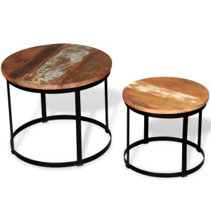 Set masă cafea, lemn reciclat, rotund, 40cm/50cm, două piese - Img 4