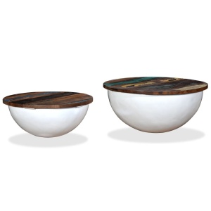 Set măsuțe cafea, 2 piese, lemn masiv reciclat, alb, formă bol - Img 11