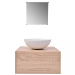 Set mobilier baie 4 piese cu chiuvetă și robinet incluse, Bej - Img 4