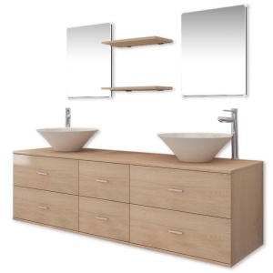 Set mobilier baie 9 piese cu chiuvete și robinete incluse, Bej - Img 2