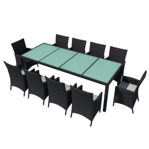 Set mobilier de exterior cu perne, 11 piese, negru, poliratan - Img 2