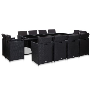 Set mobilier de exterior cu perne, 13 piese, negru, poliratan