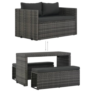 Set mobilier de exterior cu perne, 3 piese, gri, poliratan - Img 3