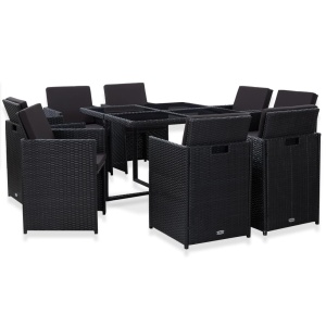Set mobilier de exterior cu perne, 9 piese, negru, poliratan