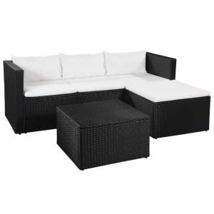 Set mobilier de grădină, 3 piese, negru &amp; alb, poliratan