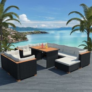 Set mobilier de grădină cu perne, 10 piese, negru, poliratan
