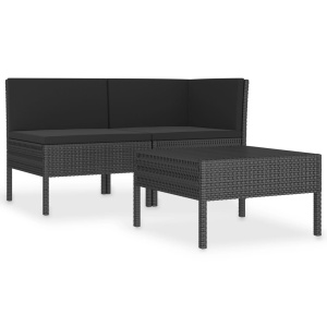Set mobilier de grădină cu perne, 3 piese, negru, poliratan - Img 2