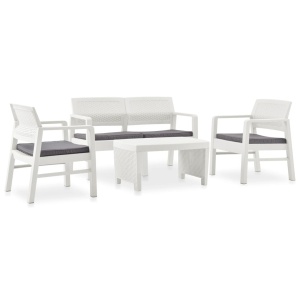 Set mobilier de grădină cu perne, 4 piese, alb, plastic