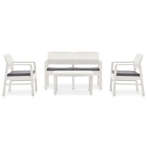 Set mobilier de grădină cu perne, 4 piese, alb, plastic - Img 2