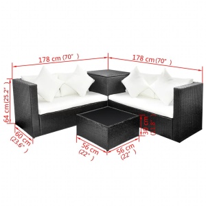 Set mobilier de grădină cu perne, 4 piese, negru, poliratan - Img 5