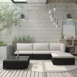 Set mobilier de grădină cu perne, 5 piese, negru, poliratan
