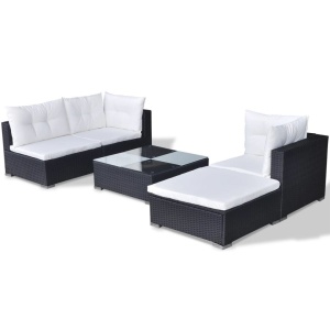 Set mobilier de grădină cu perne, 5 piese, negru, poliratan - Img 5