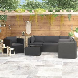 Set mobilier de grădină cu perne, 7 piese, negru, poliratan
