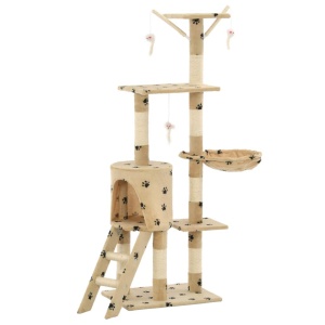 Ansamblu pisici stâlpi funie sisal, 138 cm imprimeu lăbuțe, bej - Img 2