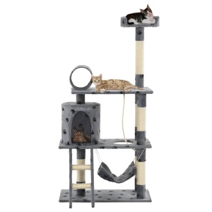 Ansamblu pisici stâlpi funie sisal, 140 cm imprimeu lăbuțe, gri