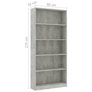 Bibliotecă cu 5 rafturi, gri beton, 80 x 24 x 175 cm, PAL - Img 5