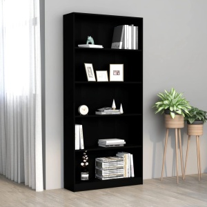 Bibliotecă cu 5 rafturi, negru, 80 x 24 x 175 cm, PAL