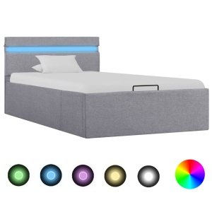 Cadru pat hidraulic cu ladă LED gri deschis 90x200 cm textil
