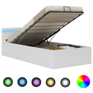 Cadru pat hidraulic ladă și LED alb 100x200 cm piele ecologică