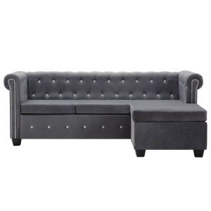 Canapea Chesterfield, formă L, catifea, 199 x 142 x 72 cm, gri - Img 4