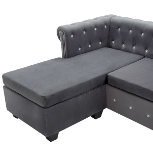 Canapea Chesterfield, formă L, catifea, 199 x 142 x 72 cm, gri - Img 12