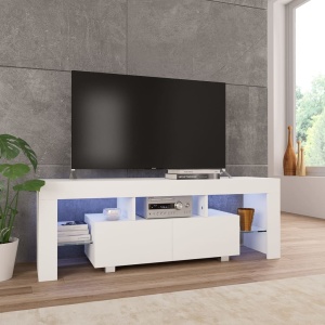 Comodă TV cu lumini LED, alb extralucios, 130x35x45 cm