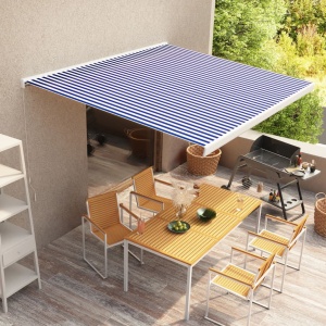 Copertină manuală tip casetă, albastru și alb, 350 x 250 cm