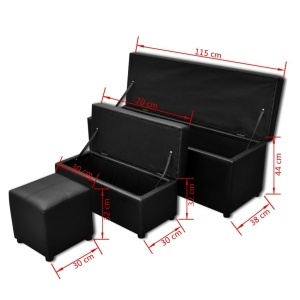 Cufăr din Piele Artificială Negru cu Scăunel Set 3 buc - Img 7