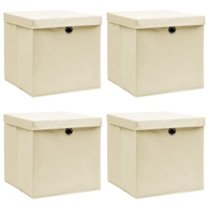 Cutii depozitare cu capac, 4 buc., crem, 32x32x32 cm, textil