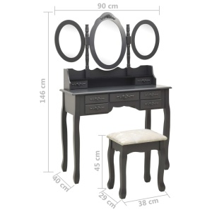 Masă de toaletă cu taburet și triptic oglinzi, gri - Img 11