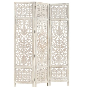Paravan cameră sculptat manual 3 panouri alb 120x165 cm mango - Img 7